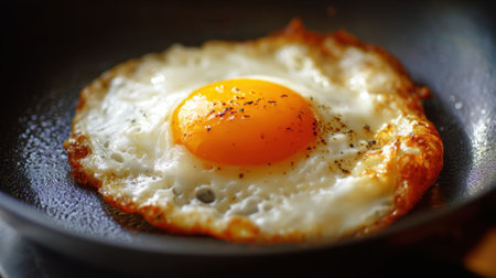 A sunny side up egg is being cooked in a black skillet on a stovetop. The bright yellow yolk contrasts with the white, creating a delicious breakfast scene in a warm kitchen.の素材