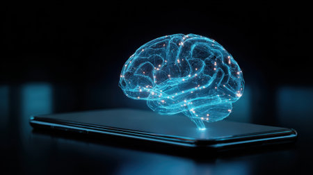 A holographic brain appears to float above a smartphone screen, illustrating advanced technology at a tech event. Attendees are captivated by this innovative display, showing future possibilities.の素材