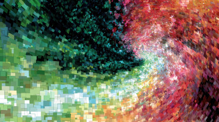 A vibrant swirl of colors creates an abstract pattern resembling the beauty of nature, merging greens, reds, and blues to evoke a sense of energy and motion.の素材