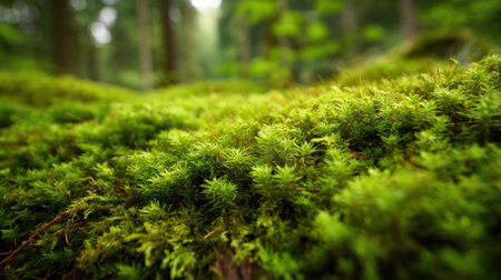 Soft green moss blankets the forest floor, creating a peaceful atmosphere. Sunlight filters through tall trees, highlighting the vibrant greenery in a tranquil woodland.の素材