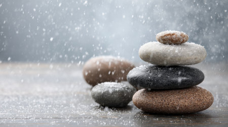 Snowflakes drift softly around a set of balanced stones creating a peaceful atmosphere.の素材