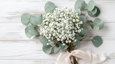 A beautiful bouquet showcases tiny white flowers and lush eucalyptus leaves tied with a soft ribbon.の素材