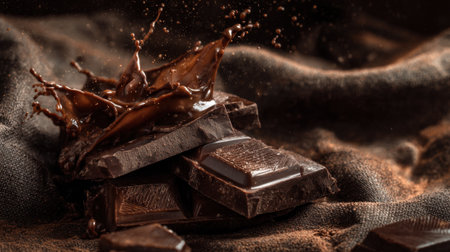 Rich dark chocolate chunks create a splash of melted chocolate on a textured surface enhancing sweetness.の素材