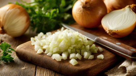 Chopped onions sit beautifully on a wooden board alongside whole onions and fresh herbs in a light kitchen.の素材