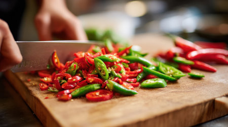 A person skillfully slices red and green peppers on a kitchen counter surrounded by fresh ingredients.の素材