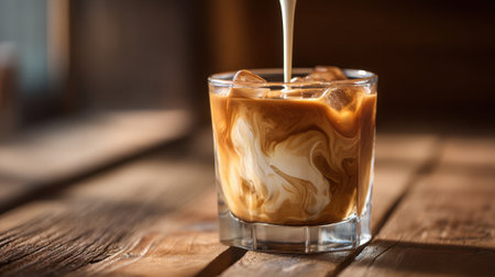 Iced coffee with cream and chocolate swirls sits on a wooden table in soft afternoon sunlight.の素材