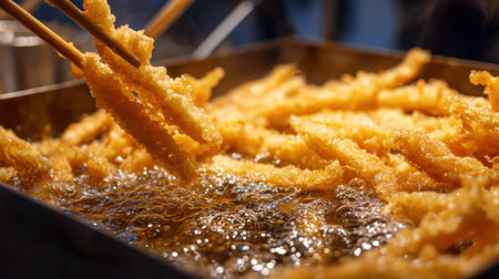 Golden tempura strips are being skillfully lifted from bubbling oil in a lively market scene.の素材