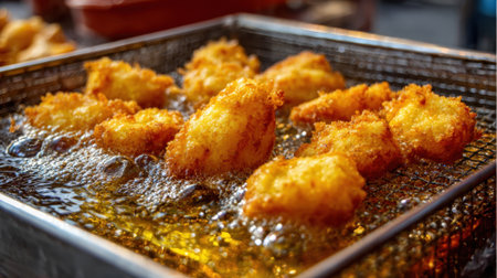 Delicious morsels are frying to a perfect golden brown at a lively street food stall.の素材