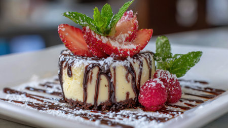 A creamy cheesecake sits on a plate beautifully garnished with strawberries and raspberries looking inviting.の素材