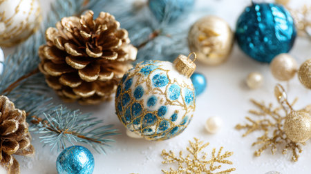 Colorful ornaments and pinecones combine with greenery to celebrate the winter season in style.の素材