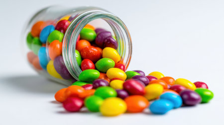 Brightly colored candies pour out of a glass jar creating a delightful display of sweetness.の素材