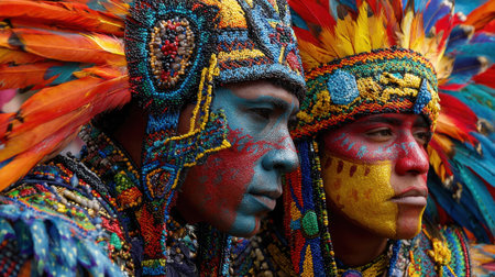 Participants showcase their stunning costumes and intricate face paint during a lively cultural event.の素材