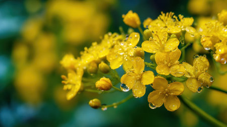 Bright yellow flowers shine with raindrops in a vibrant garden scene filled with greenery.の素材