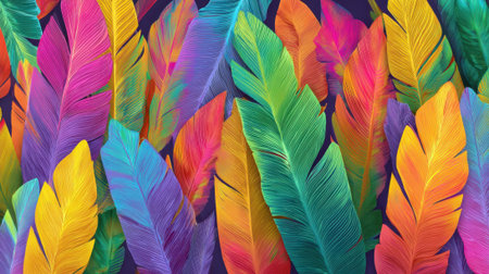 A stunning collection of colorful tropical feathers fills the space with bright hues and variety.の素材