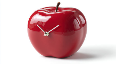 A unique clock designed to look like a glossy red apple sits on a simple white surface. It combines functional timekeeping with playful art, perfect for any room decor.の素材