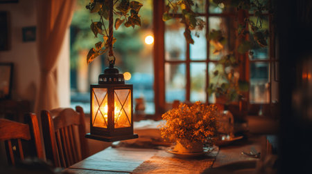A charming dining area features a glowing lantern inviting warmth and soft floral decor.の素材