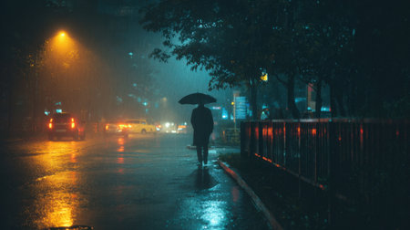 A solitary figure walks under an umbrella along a wet street at night surrounded by shimmering lights.の素材