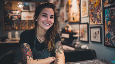 A tattoo artist with vibrant tattoos smiles warmly while sitting at her workstation in a lively studio filled with various artworks. The atmosphere is artistic and welcoming.の素材