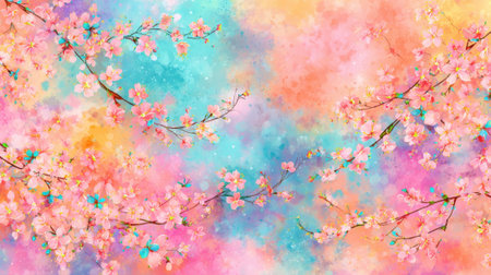 Delicate cherry blossom branches stretch across a vivid background of pastel colors evoking spring joy.の素材