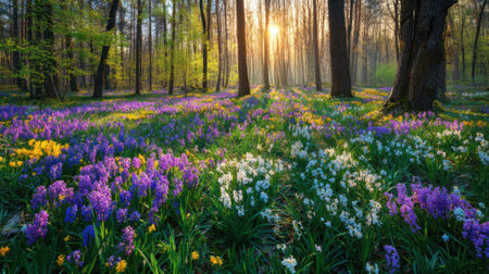 A serene forest scene showcases a carpet of purple, white, and yellow flowers under tall trees as the soft morning sunlight breaks through the branches, illuminating the blooms.の素材