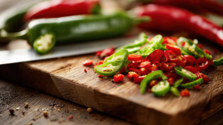 Freshly chopped green and red chili peppers lay on a rustic cutting board in a warm kitchen.の素材