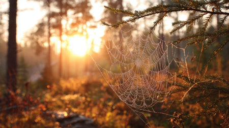 Dew covered spider web catches the soft morning light in a peaceful forest at sunrise.の素材