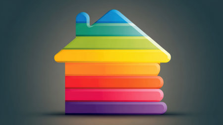 A vibrant stylized house icon with colorful stripes symbolizes creativity and inclusivity.の素材