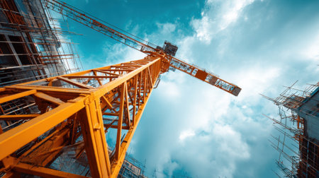 Tall orange crane is central to a bustling construction site under a bright blue sky.の素材