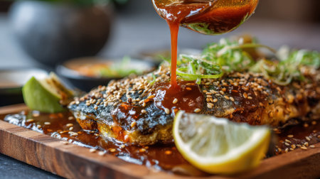 Grilled salmon is served on a wooden board with a rich glaze. Slices of lime and green onions add color and flavor. The setting has an inviting atmosphere, perfect for a meal.の素材