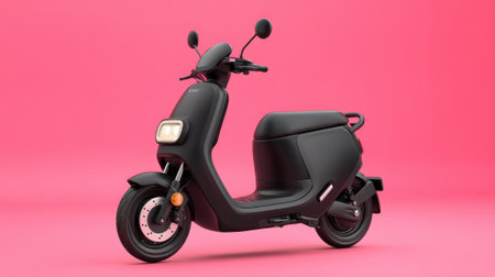 A stylish black electric scooter rests on a bright pink backdrop highlighting its innovative features.の素材