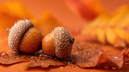 Two shiny acorns rest on orange leaves glistening with water droplets in a fall setting.の素材