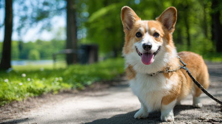 A cheerful corgi stands on a dirt path surrounded by greenery and sunlight looking joyful.の素材