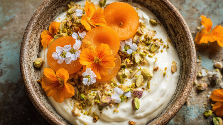 A colorful yogurt bowl features orange apricots nuts and edible flowers creating a refreshing morning delight.の素材