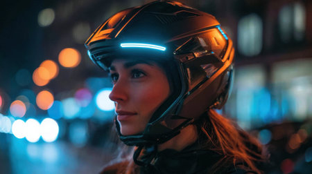 A woman prepares for a nighttime bike ride wearing a modern helmet with glowing lights while the city dazzles behind her.の素材
