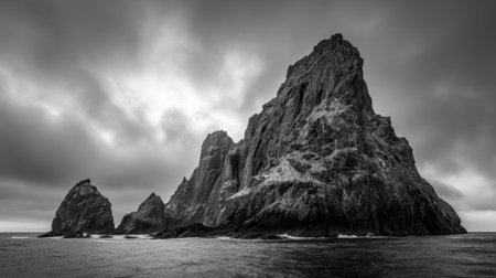Towering rocky cliffs emerge from the ocean surrounded by dark waters and dramatic clouds.の素材
