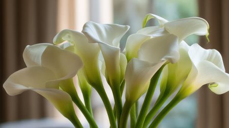A graceful bouquet of calla lilies stands beautifully illuminated by gentle sunlight.の素材