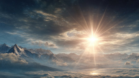 Golden sunlight breaks through clouds illuminating majestic mountains in a breathtaking sky.の素材