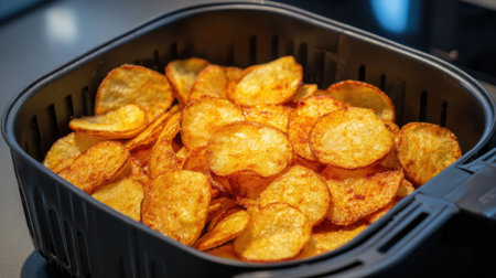 Slices of potato frying to a perfect golden crisp in an air fryer filling the kitchen with a delicious aroma.の素材