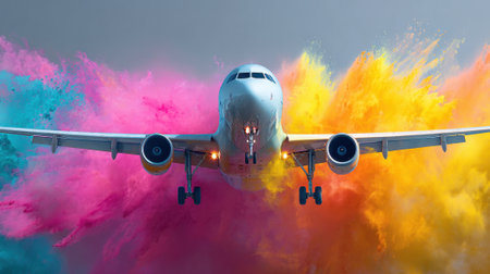 Bright colors explode around an airplane as it ascends into the sky creating a stunning visual display.の素材