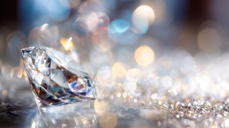 A sparkling diamond captures light beautifully resting on a shiny surface adorned with soft glimmers.の素材
