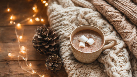 Warmth fills the air as hot chocolate with marshmallows rests on a knit blanket next to pine cones.の素材