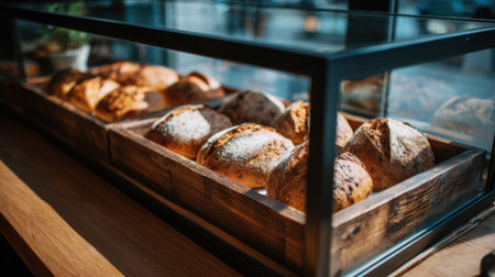 A display case holds various types of freshly baked bread in a bakery. The warm light of the morning fills the space, highlighting the textures and colors of the loaves.の素材