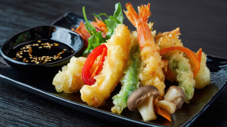 Golden brown tempura shrimp and vegetables sit on a black plate with sauce and greens creating a delightful meal.の素材