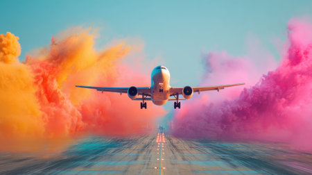 An airplane ascends into a colorful sky filled with pink and orange smoke during sunset.の素材