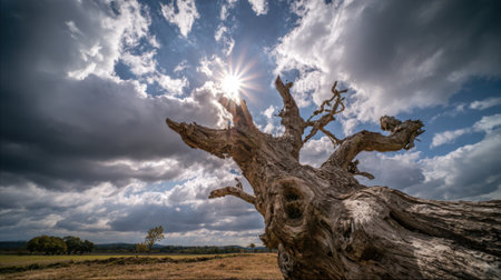 Bright sunlight streams through dark clouds above a gnarled and timeless tree in a peaceful field.の素材