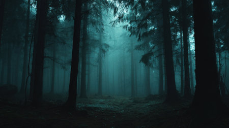 Dense fog blankets tall trees evoking a sense of mystery and tranquility in the forest.の素材