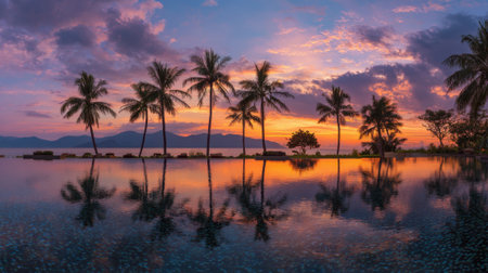 A stunning sunset paints the sky with vibrant colors reflected in a still pool surrounded by palm trees.の素材