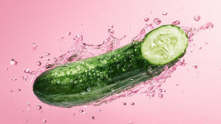 A cucumber slices through pink water sending droplets flying in a playful and lively display.の素材