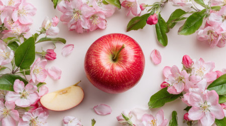 A bright red apple rests among delicate pink flowers with soft petals showing the beauty of spring.の素材