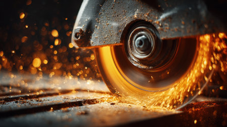 A cutting tool spins rapidly sending bright sparks flying while shaping metal on a workbench.の素材